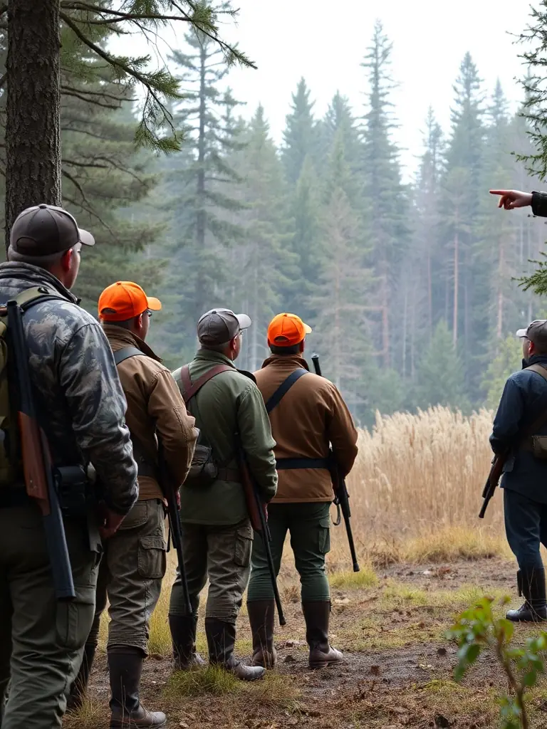 A group of young hunters learning about forest management and conservation from experienced members of the association.